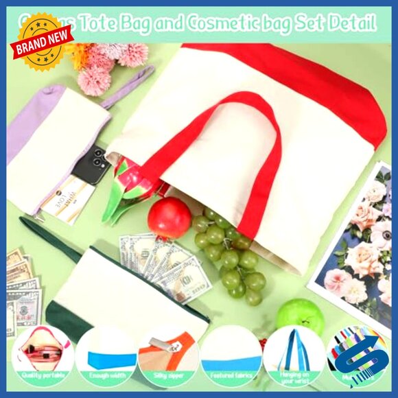 Canvas Tote Bags Bulk Set with Zipper Cosmetic Pouches Reusable Shopping